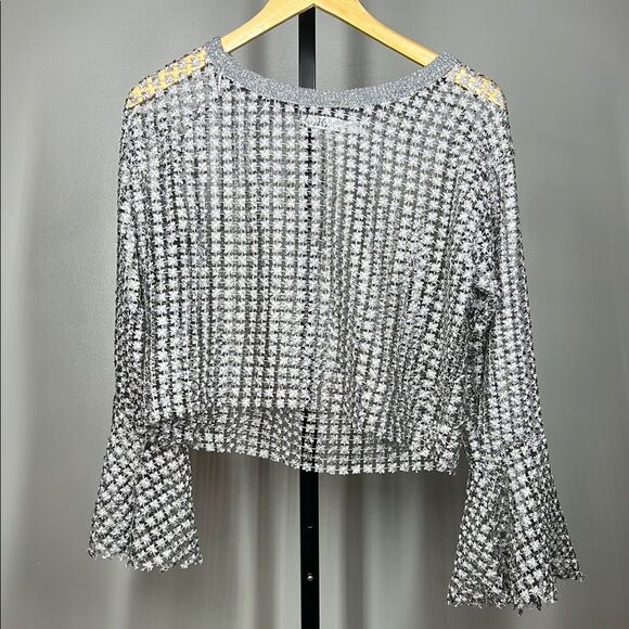 Zara Silver Shimmery Crop Blouse with Bell Sleeves - Picture 2 of 6